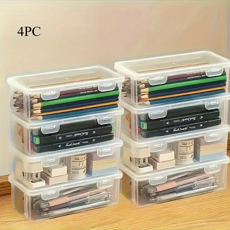 TEMU 4pcs Clear Storage Boxes With Lids, Large Capacity Plastic Stationery Organizer For Office & Desk, Transparent Mini Storage Bin For Small Items,