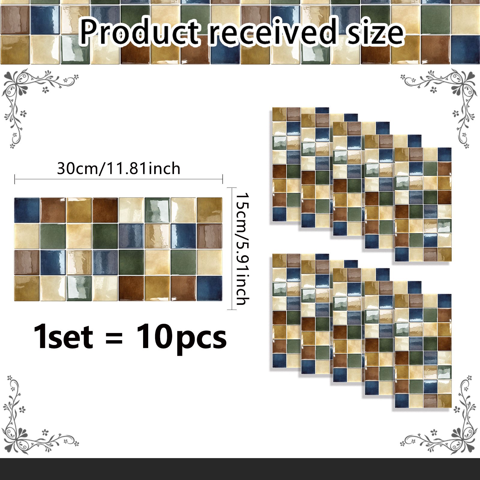 TEMU 10pcs Vintage Square Mosaic Tile Wall Sticker Set (15 X 30 Cm, 10pcs), Raised Drip Glue Self-adhesive Splashback Oil-proof Decor For Kitchen