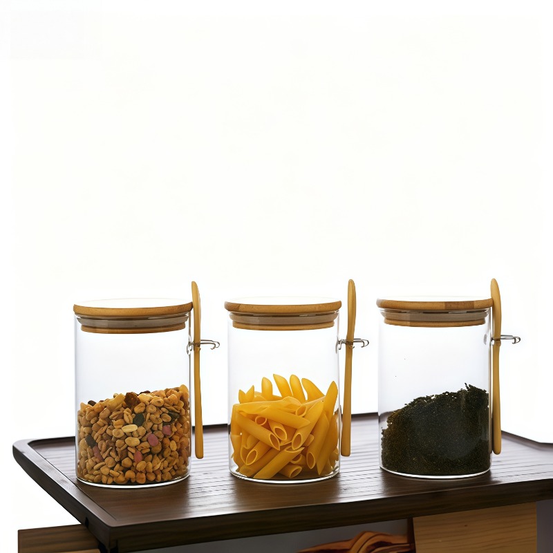 TEMU 9pcs Storage Set, Including 3 Storage Jars + 3 Jar Lids + 3 Spoons, With Bamboo Wood Lids And Bamboo Wood Spoons—hinged Seal Jars, Suitable For