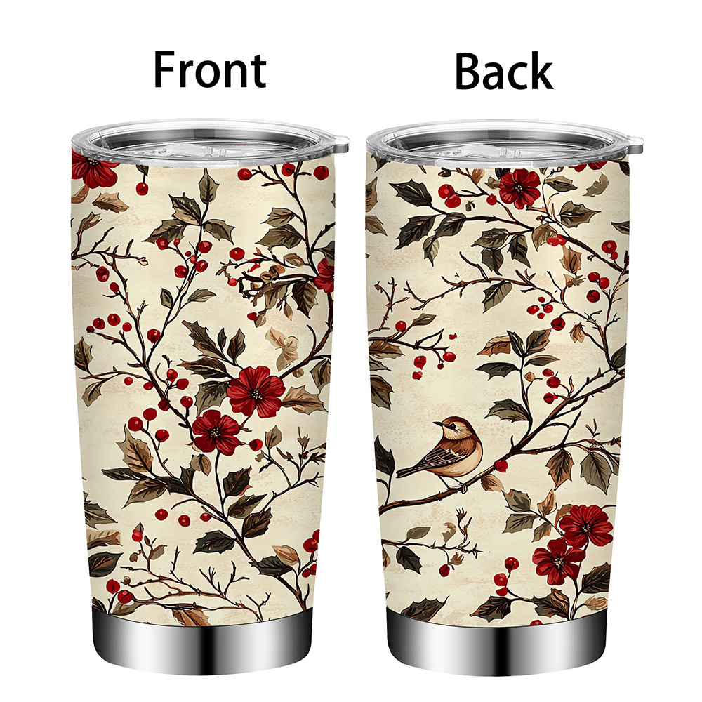 

20oz Stainless Steel With Lid & Straw, Vacuum Insulated Water Bottle, Spring With Birds & Berries, Handwash Only, Outdoor Activities, Valentine's Day, Day, Sister Gift