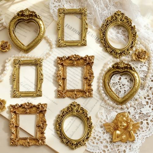 9pcs golden baroque resin mini photo frame set wall display box with ornate corners and heart shaped cutouts wedding and christmas decorations home and event styling a must have for vintage decoration lovers miniature photo frame