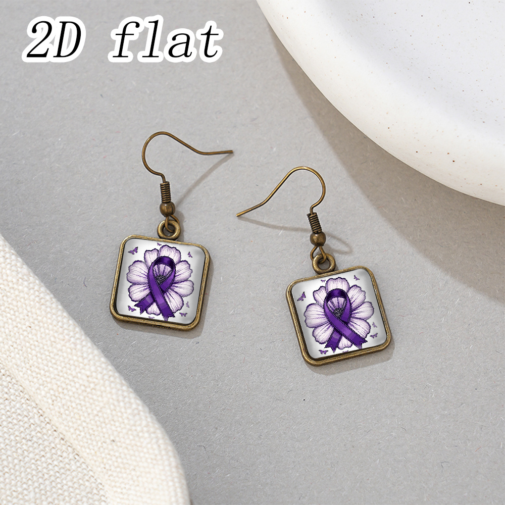Square Earrings with Purple Awareness Ribbon Flower Butterfly Pattern