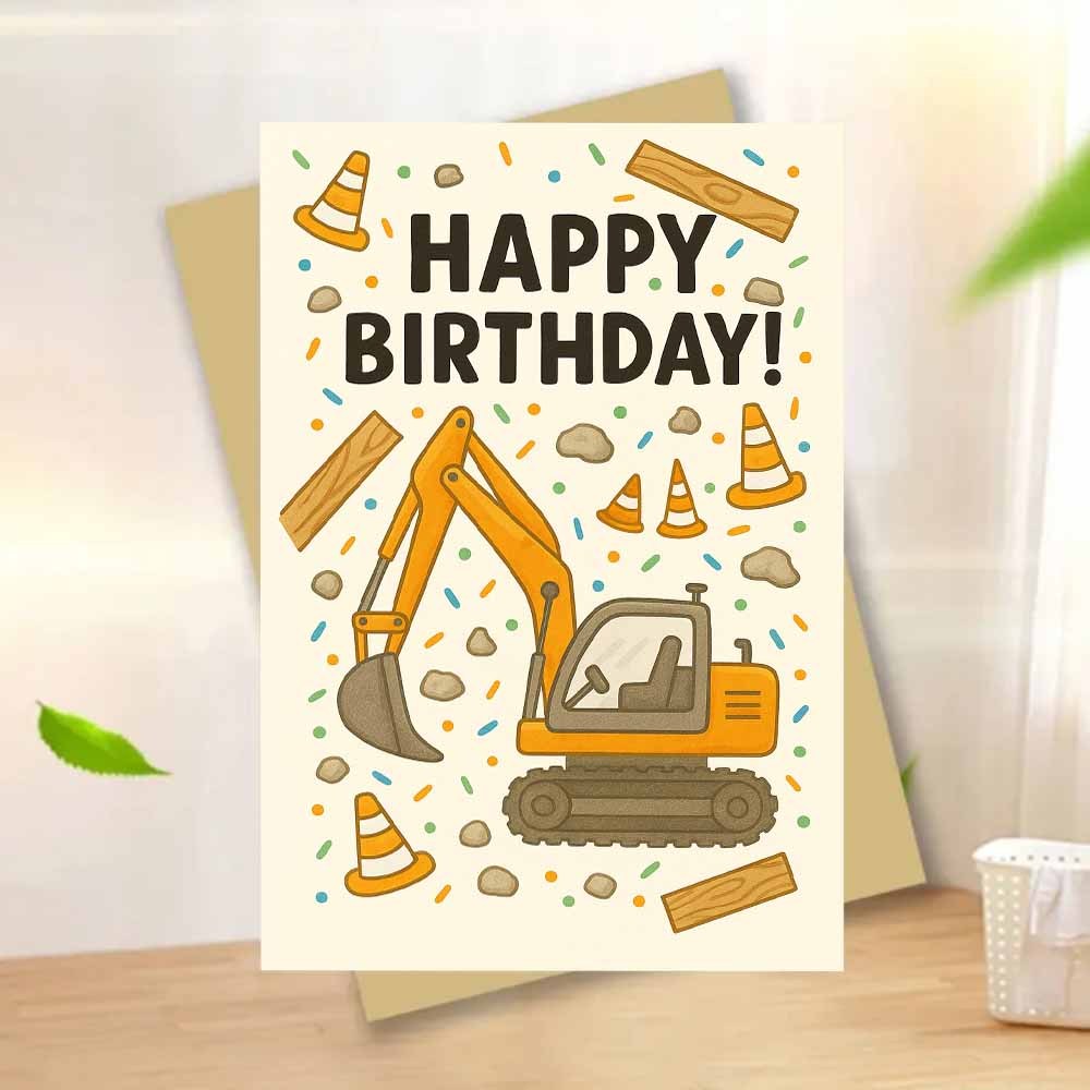 TEMU 1pc A Birthday Card Featuring A Construction Excavator, Complete With An Envelope. It Showcases A Around , Rocks, And Traffic Cones, Making It