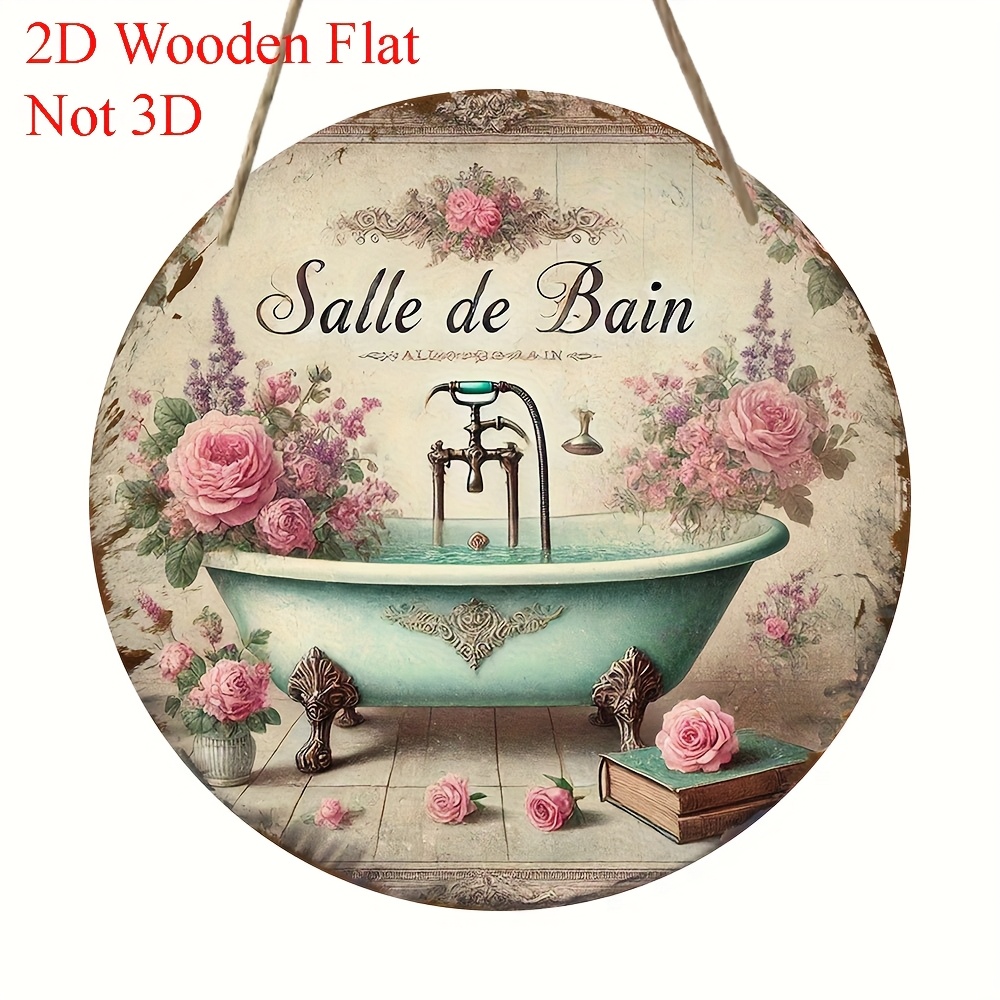 TEMU 2D Plat - Plaque et Ornement de Salle de Bain Française en Bois Plat, Fabriqué de Élégante, Parfait pour la Décoration de ou les Vacances,