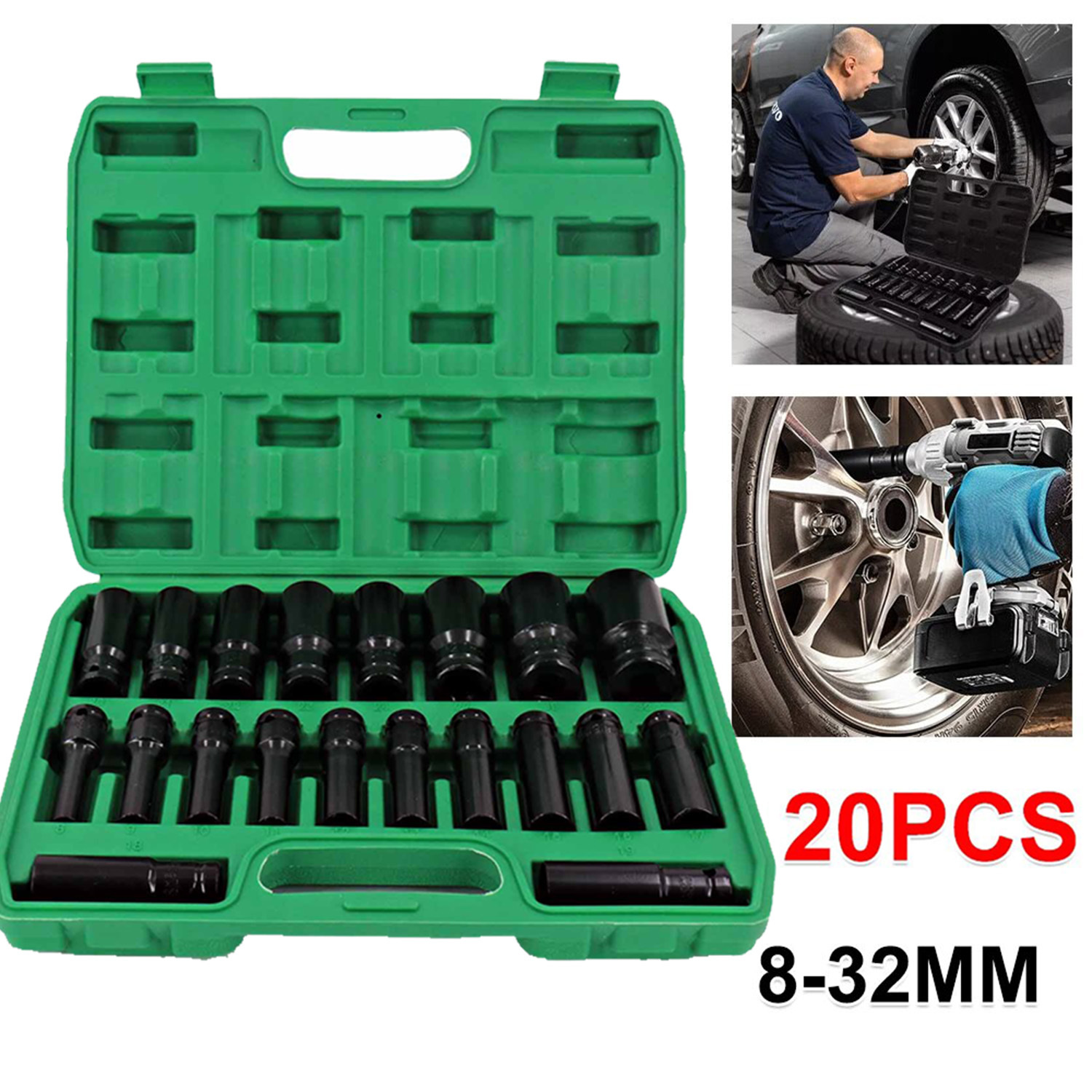 TEMU 20pcs Heavy Duty Deep Impact Socket Set, 1/2' Drive Metric 8-32mm Sockets, Automotive Hand Tools For Car Truck Wheel Nut Repair