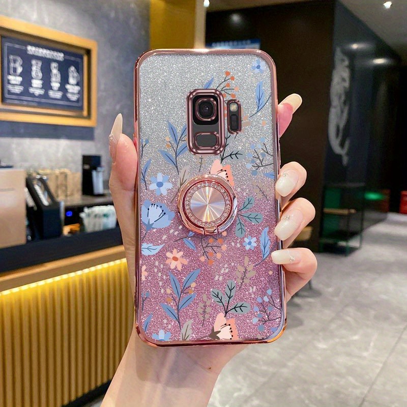 TEMU Phone Case: Galaxys9 Luxury Glitter Flower Rotatable Phone Ring Holder Case On For Galaxy S9 Stand Back Cover