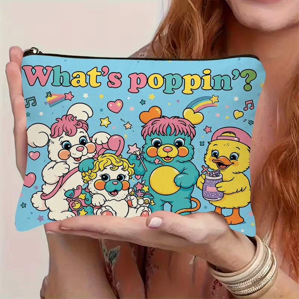TEMU 1pc 2d Flat Printing Cute Cartoon 2d Flat Printing Makeup Bag With Colorful Characters, Portable For Daily Use By Women , 2d Flat