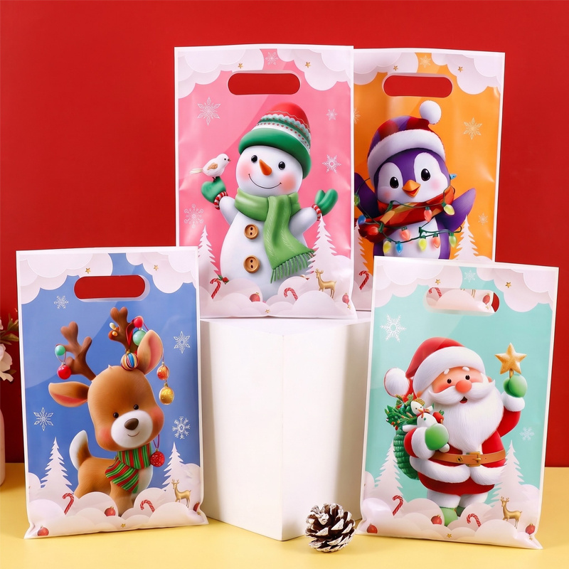 TEMU 100pcs Christmas Themed Gift Bags (4 Styles Mixed, Plastic Gift Bags, Filled With Wrapped Candies, , And Other Snacks). Features Cartoon Santa