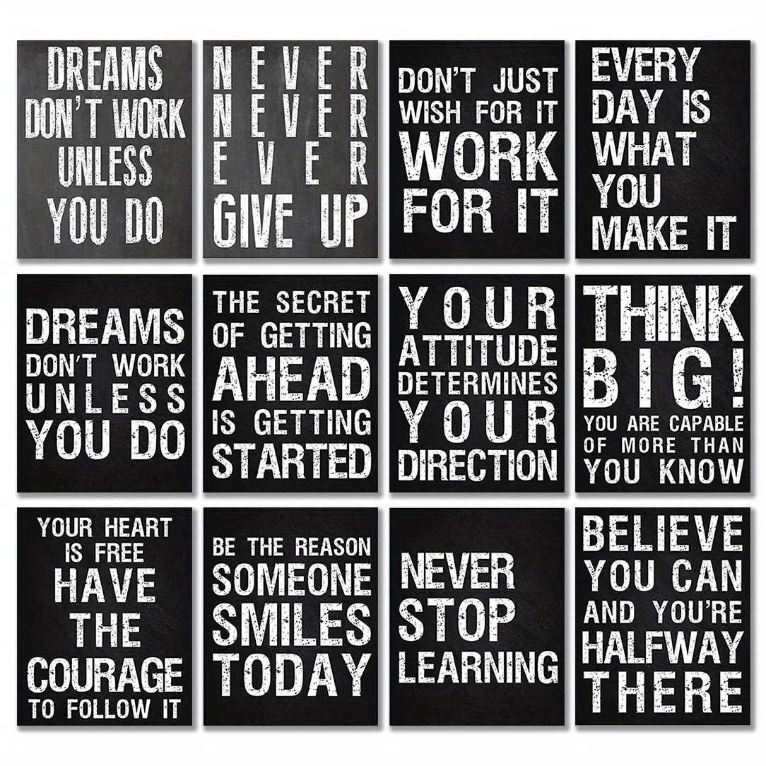 TEMU 12pcs Of Inspirational Quote Wall Art Set, Frameless Black And White Motivational Poster, Size 20.32x25.4cm, Classroom Decoration, Educational