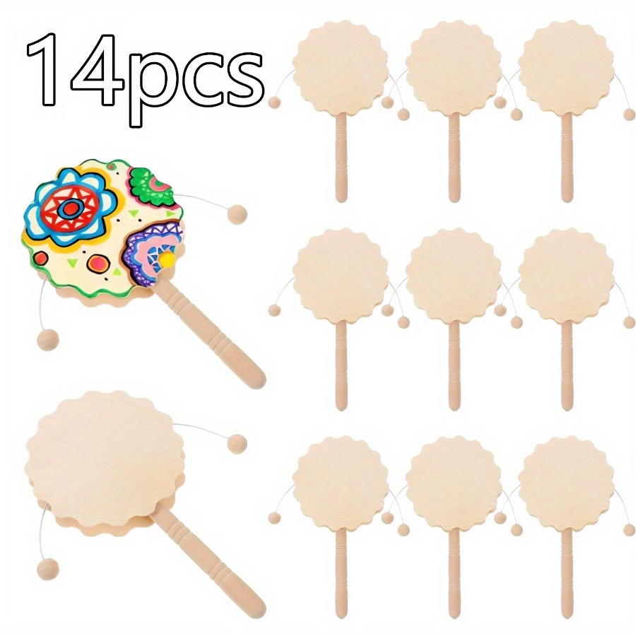 14pcs wooden rattle drums unpainted recycled wood diy decorations with colorful floral geometric patterns sturdy handcrafted rattles for music festivals outdoor activities   desk decor festive event accessories festive event accessories vibrant patterns natural  