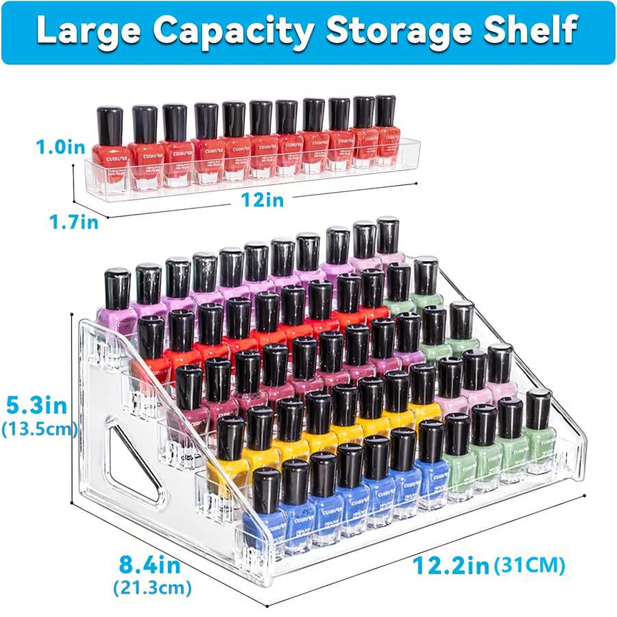 A Display Rack For Nail Polish And Lipstick Made Of Acrylic, Designed For In Nail Salons, Featuring Multiple Layers For Storage Of Manicure Tools And Additions