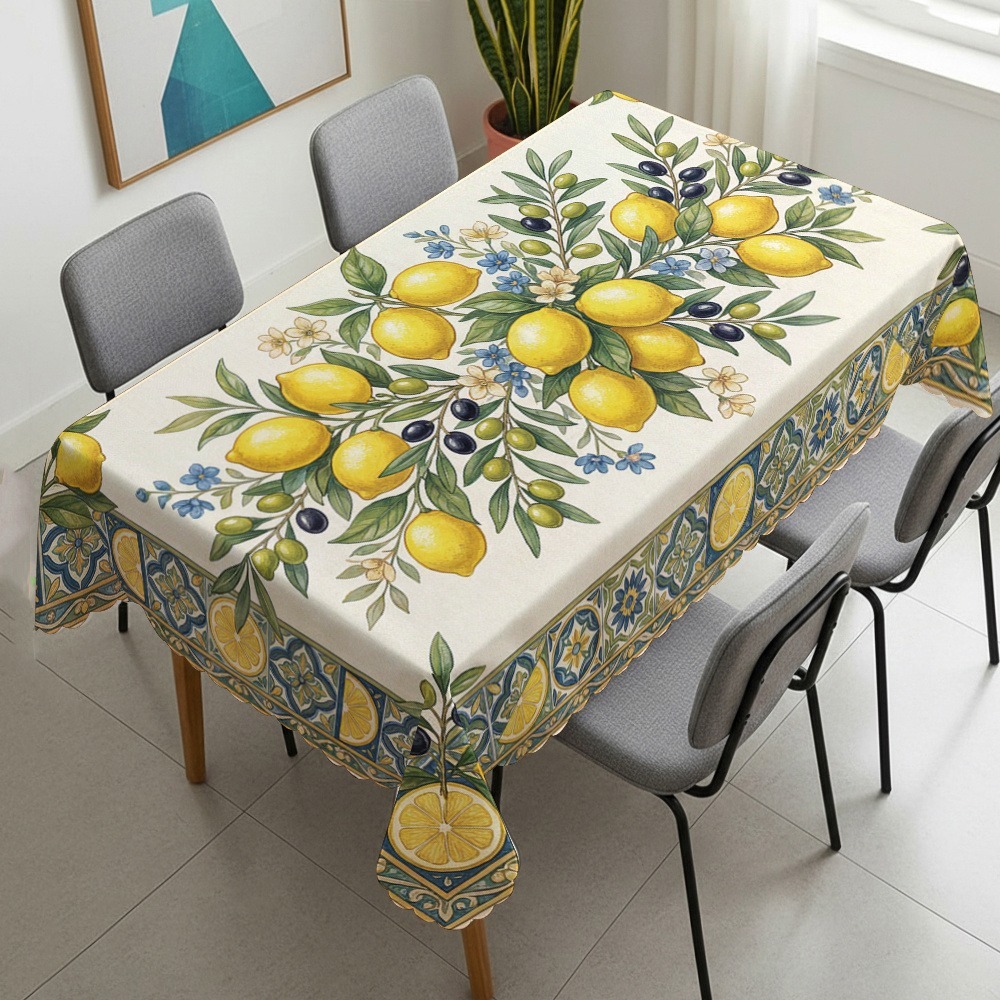 TEMU 1pc Lemon Olive Floral Tablecloth. 2d Flat Printing, Made Of, Perfect For Indoor And Outdoor Occasions, An For Parties, Picnics, And Kitchen
