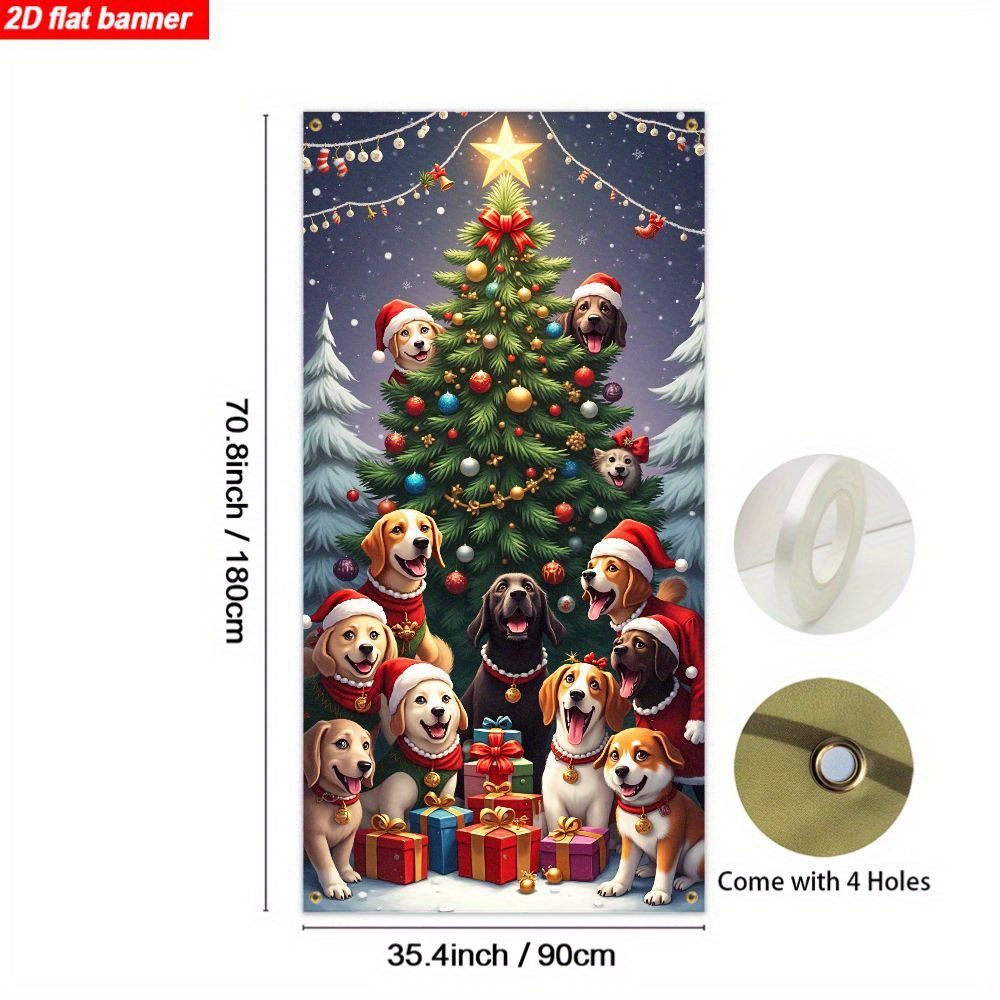 TEMU Plat 2D, Bannière de Porte 2D, 1 pièce, Bannière Plate 2D, Adorables Chiens de Compagnie d'un Sapin de Noël et de Cadeaux, Chiot Portant un