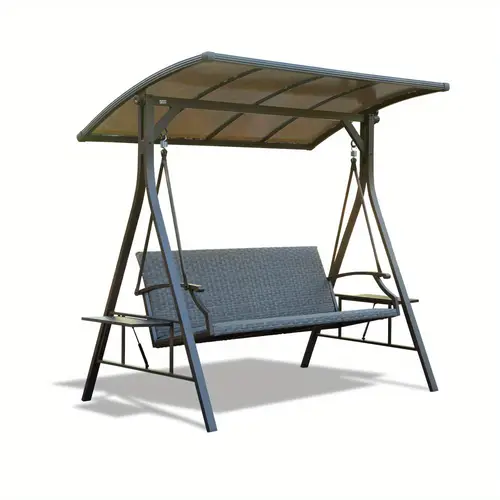 3 seater outdoor porch swing with adjustable canopy side table durable quick dry wicker seat patio garden and lawn grey garden seating woven textural style rustresistant construction outdoor patio furniture