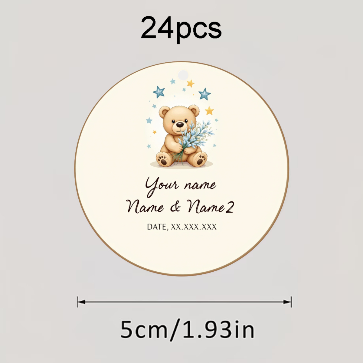 TEMU 24/48pcs + Personalized Custom Text Single-sided Round Tag Cards With Hemp Rope.suitable For Occasions, Featuring Bear And Floral Designs.ideal