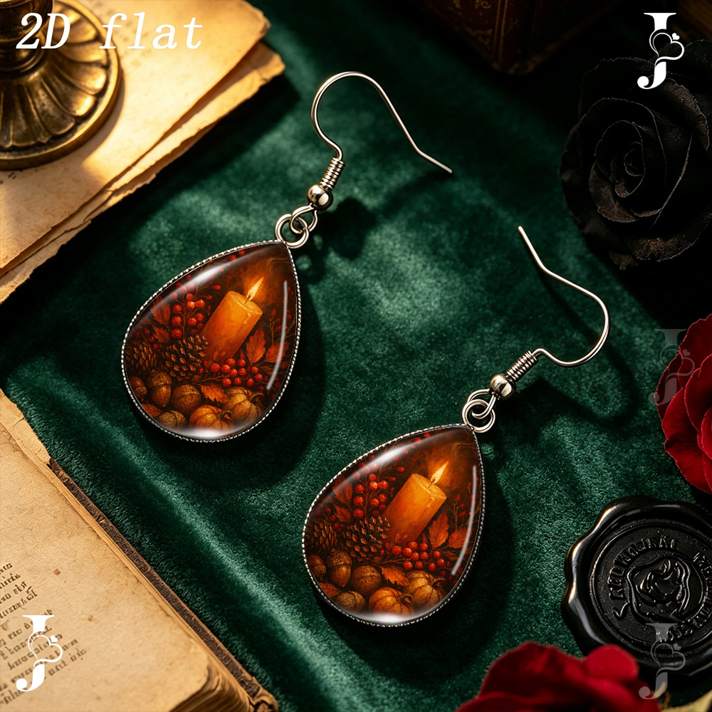 Teardrop Dangle Earrings with Autumn Candle Pinecone Pattern