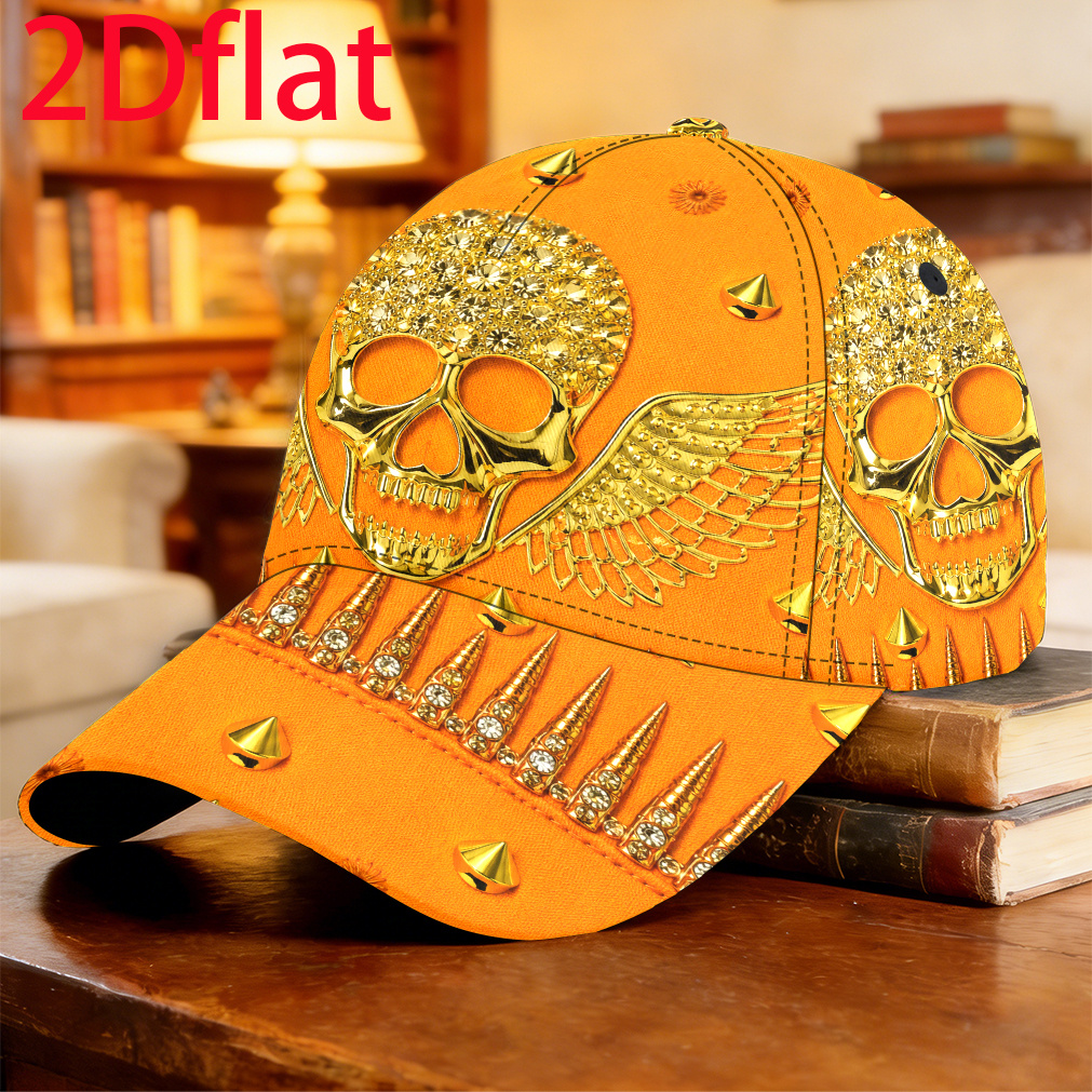 TEMU 1pc Gorra de béisbol 2D con de calavera dorada con , regalo de graduación, gorra de golf para skateboarding, pesca, vacaciones, transpirable y ,