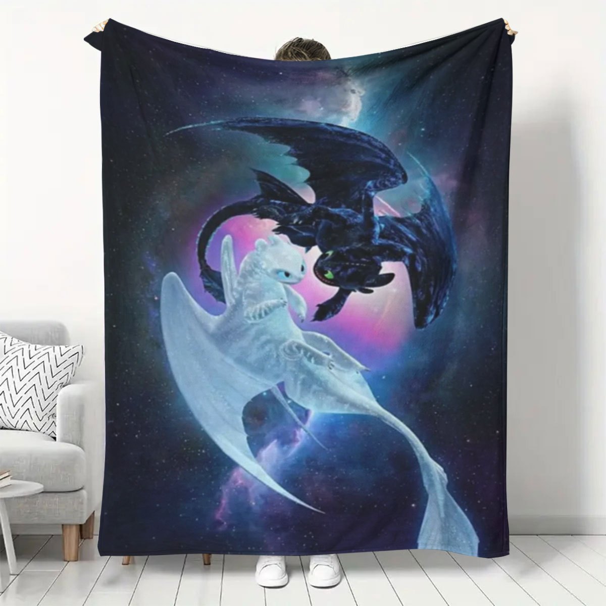 

Contemporary Reversible Flannel Throw Blanket, Soft Warm Knitted Polyester Blanket, With Dragon And Companion Print, For Couch, , Office Nap, Camping Travel, Ideal Gift