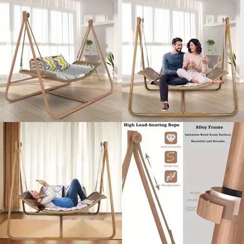 extra wide 2 person swing chair hammock with durable anti rust alloy stand 570 lbs capacity wood grain high density foam cushion indoor outdoor use for patio balcony bedroom easy assembly ideal holiday gift indoor relaxation elegant hanging design sturdy triangular brackets