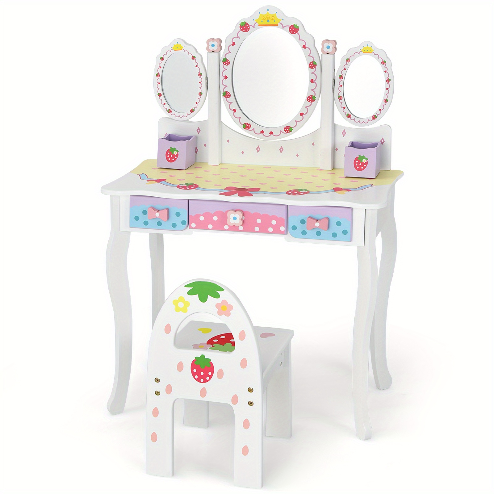 COSTWAY Kids Vanity Table & Chair Set, Princess Makeup Dressing Table w/ 360° Rotating Tri-fold Mirror & Cute Strawberry Prints, 2 in 1 Vanity Set Writing Desk w/ 3 Drawers & 2 Storage Grids