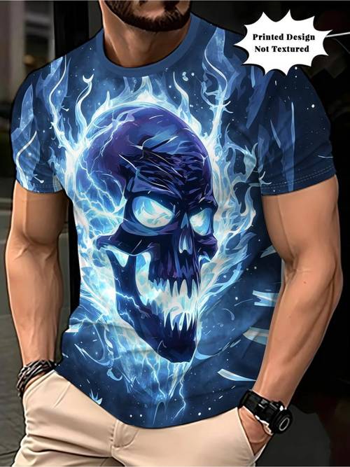 poza articolului design imprimat - tricou bărbați cu mânecă scurtă și guler rotund, fără textură, blocuri de culoare albastru violet negru, ilustrație trendy cu craniu albastru gheață, scenă de stradă pentru cumpărături, întâlniri cu prietenii, călătorii, bar, sporturi în aer , streetwear casual