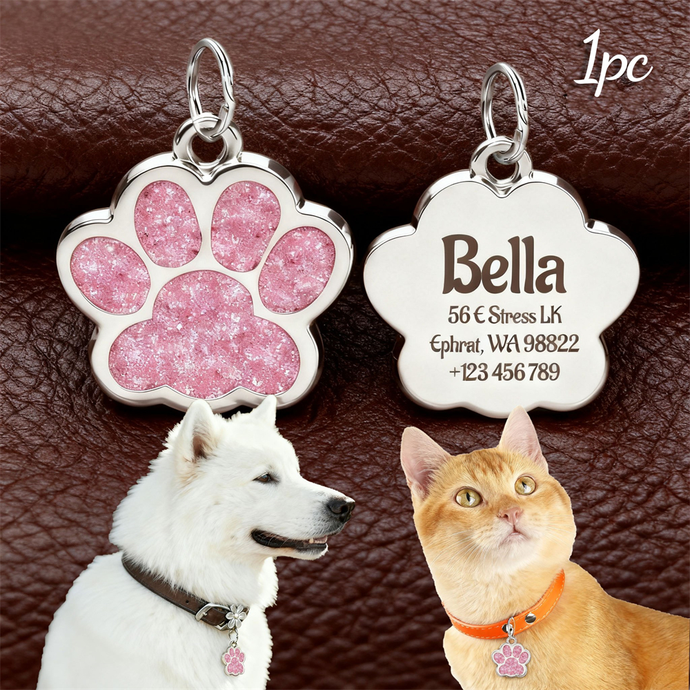 E-shop Anpassbare Text Glitzer Pfotenabdruck Haustieranhänger | Personalisierter Name, Adresse, Telefonnummer, Geeignet für Katzen und Hunde,