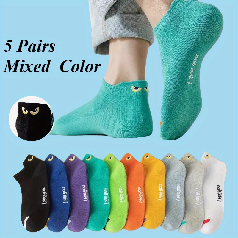TEMU 5 Pairs Of Trendy Mesh Summer Socks Featuring Adorable Cartoon Eye Embroidery, Designed To -wicking And Breathable, Perfect For Men And Women. Ideal For Sports, Travel, Cycling, And Everyday Use