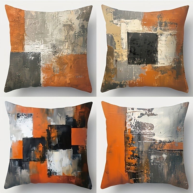 TEMU 4pcs Retro Burnt Orange Gray Abstract Art Pillowcases Single-sided Printed Zipper Closure Hand Wash Living Room Sofa Decorative Cushion Covers