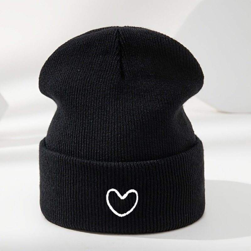 TEMU 1pc Pack Beanie Cold Cap Heart-shaped, White, Embroidered, Versatile Autumn Winter, 100% Acrylic, Hand Washable, , Breathable - Unisex, Suitable