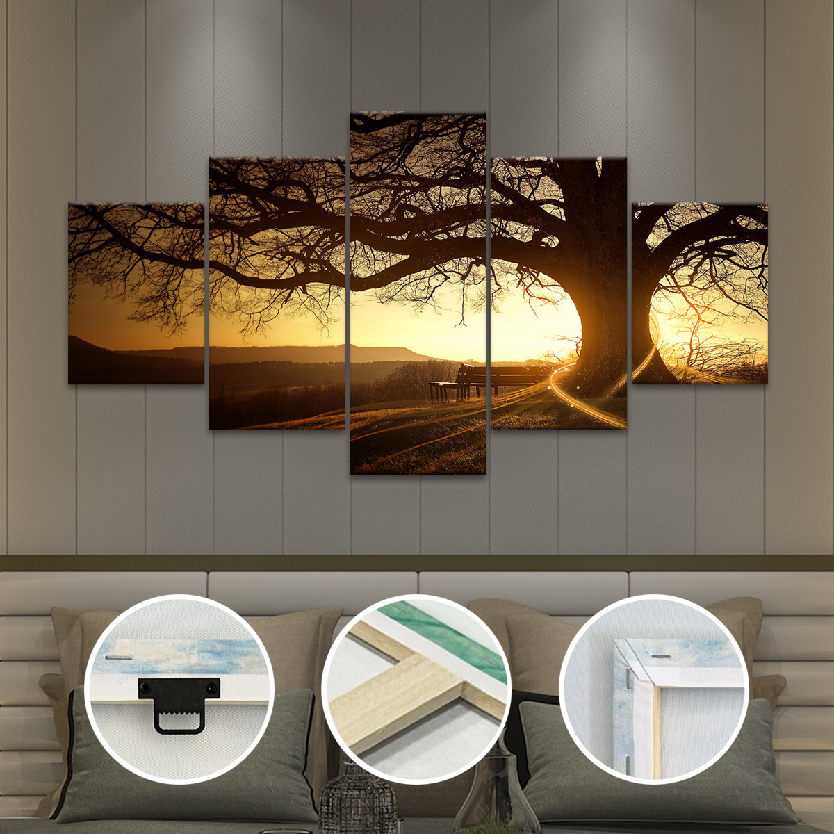 TEMU Set di 5 stampe su tela con cornice in legno 2D, con una bellissima vista di alberi al tramonto, per l'arredamento . Ideali per migliorare l' di