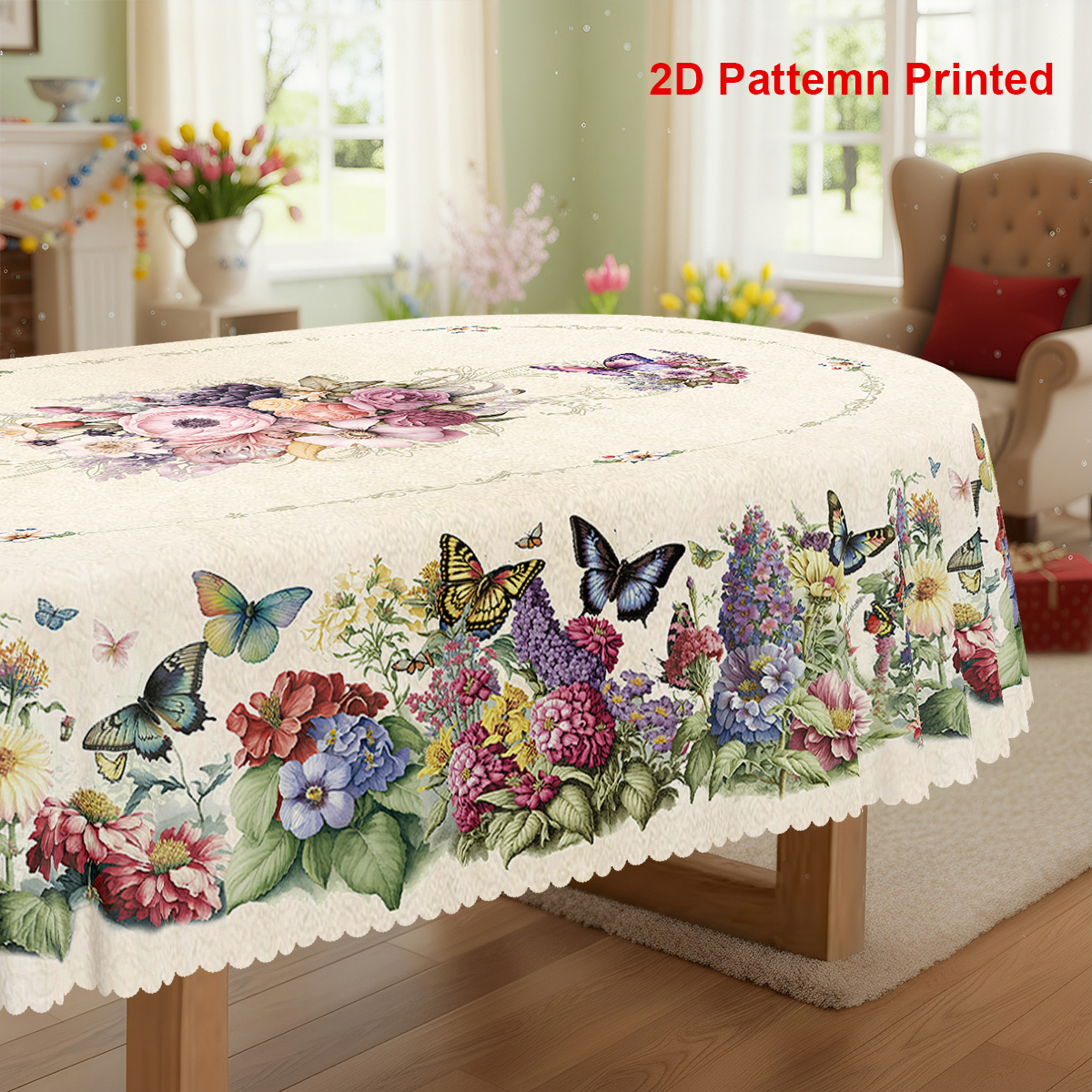 TEMU 1 pièce, Nappe de fête à thème printemps-été, Motif imprimé floral vintage papillon, rose et marguerite, Nappe rectangulaire/ronde/ovale, Bord ,