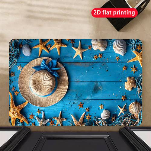 item picture 2d woven straw hat with blue ribbon seashell and pattern doormat fun nautical doormat non slip machine washable large doormat suitable for entrances courtyards patios gardens