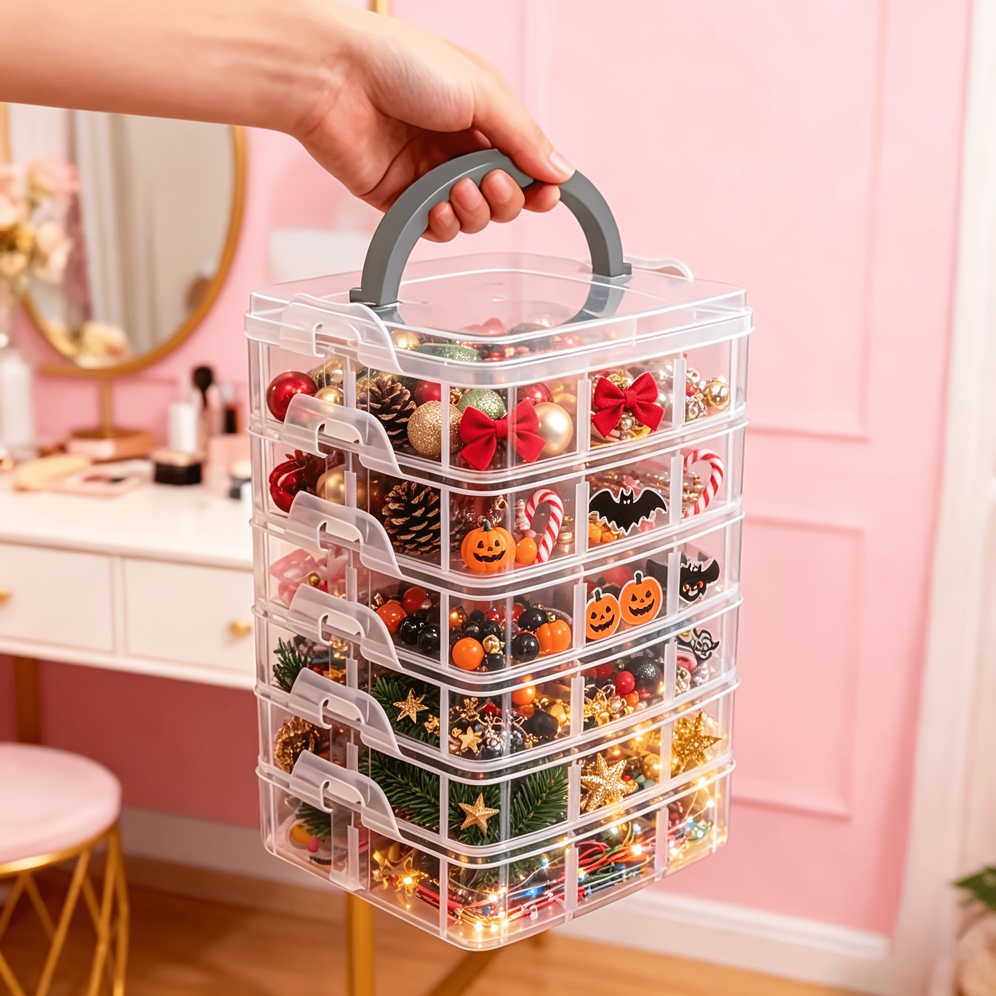 TEMU Boîte de Rangement Multicouche en Plastique Transparent avec Poignées Portables et Compartiments Réglables, Convient pour Décorations de Noël et