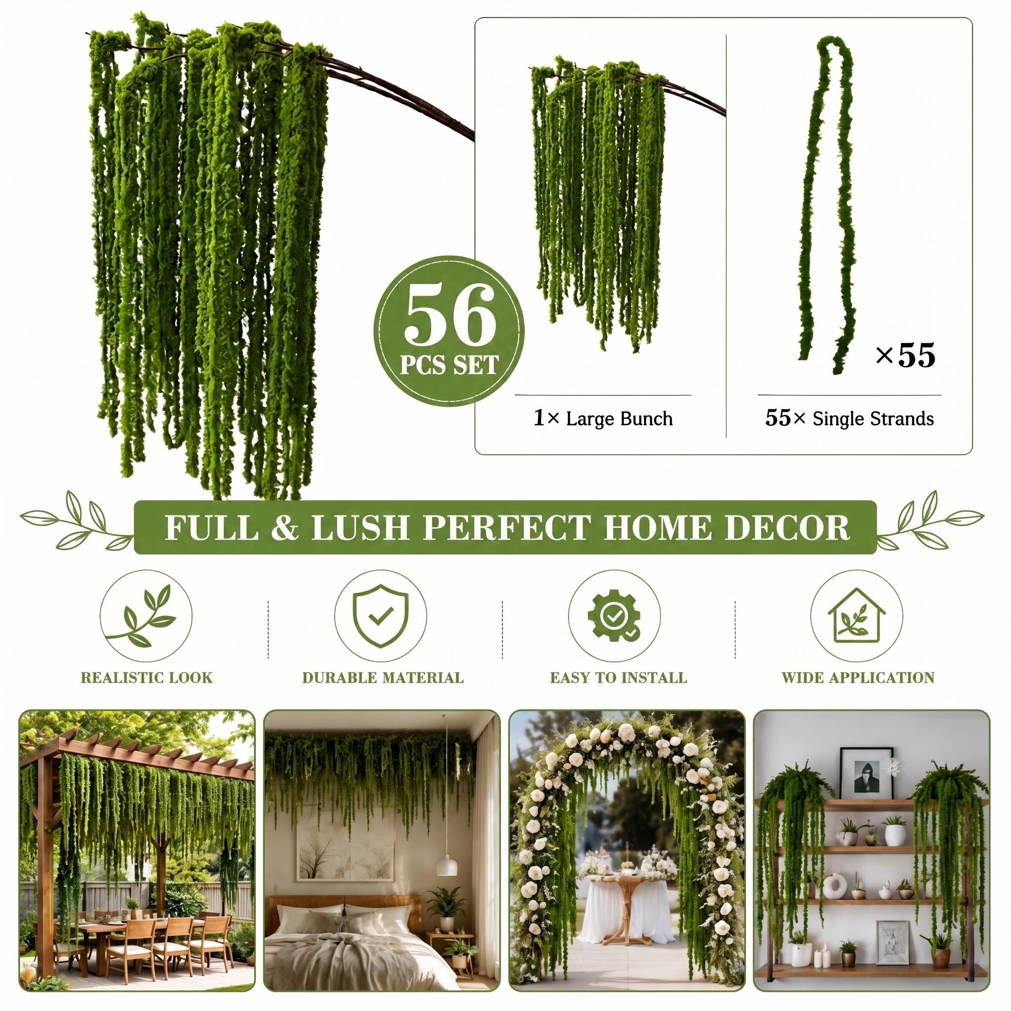 TEMU Ensemble de 56 pièces - Fleurs d' artificielles - Glycines vertes élégantes suspendues, convient pour la décoration d'intérieur bohème, les
