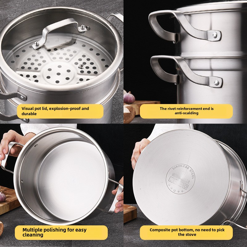 10 inch stainless steel double boiler pot with clear lid easy clean non stick bottom for kitchen restaurant use composite bottom not pick   details 3