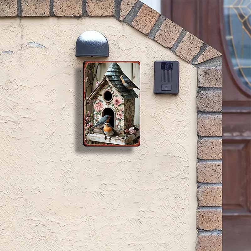 TEMU 2D Plat, Vogelhuisje in Vintage Europese Stijl 20*30cm/8x12inch - Rustiek Bloemen Vogelhuisje met Twee Mussen, Stevige IJzeren Constructie,