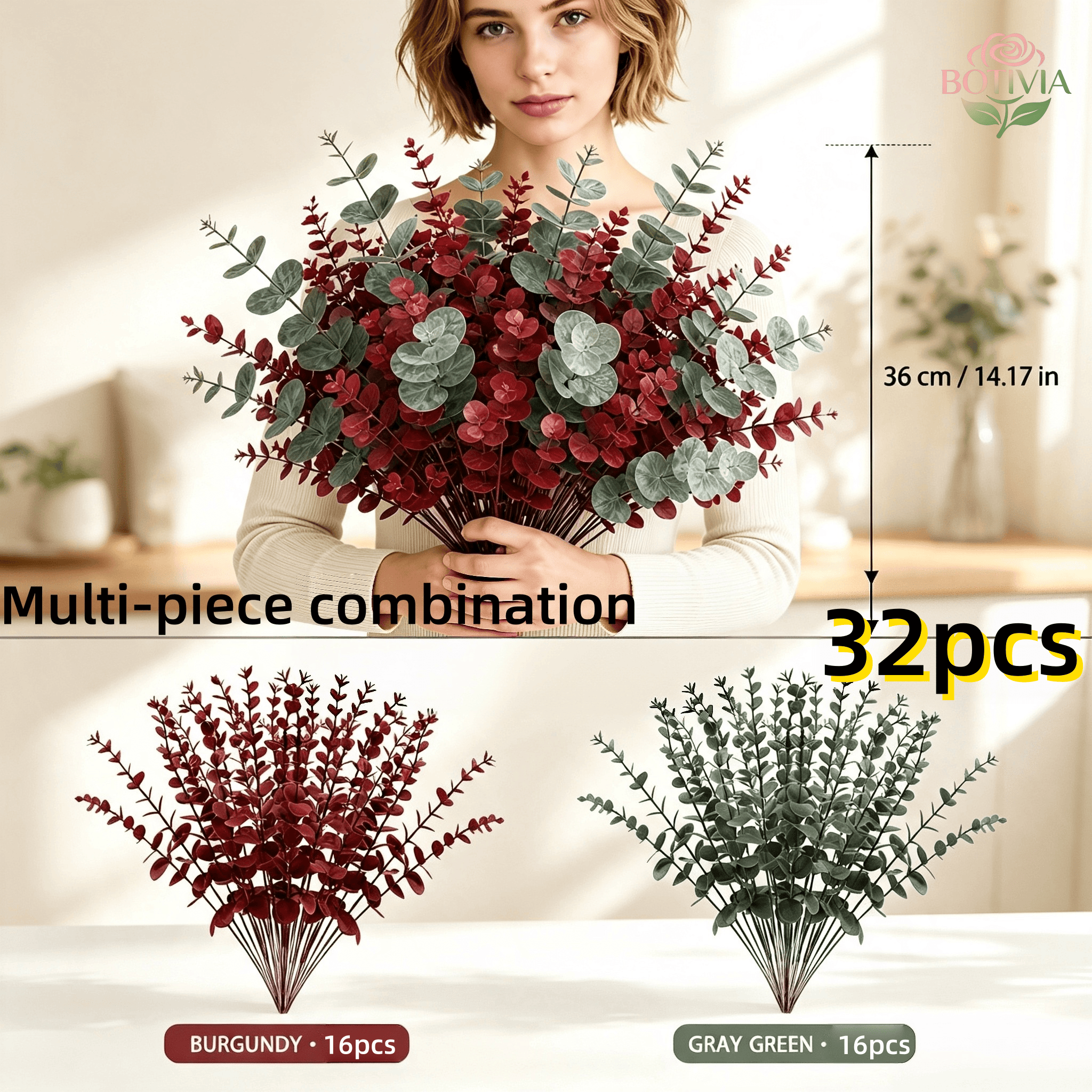 TEMU 32pcs Artificial Eucalyptus Stems, 16 Burgundy   16 Gray-green, 36cm/14.17in Faux Eucalyptus Branches, Realistic Artificial Greenery Stems For