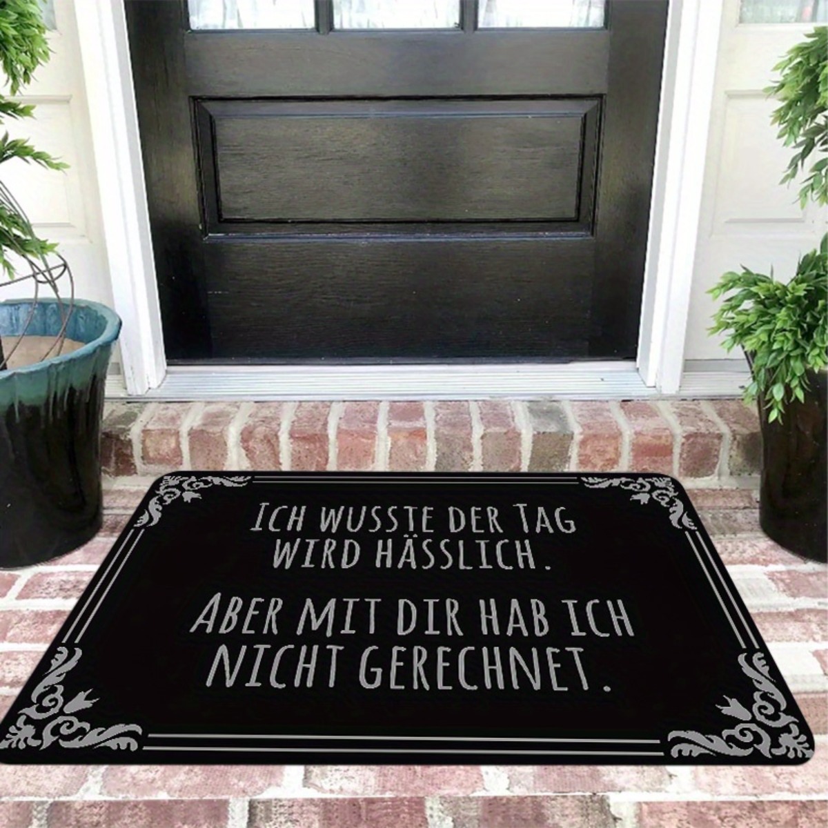 E-shop Flanell-Fußmatte mit silbrigem Folienrand deutschem Sprichwort, 1,02 cm dick/580 g/m², Matte mit philosophischem Zitat/kalte graue