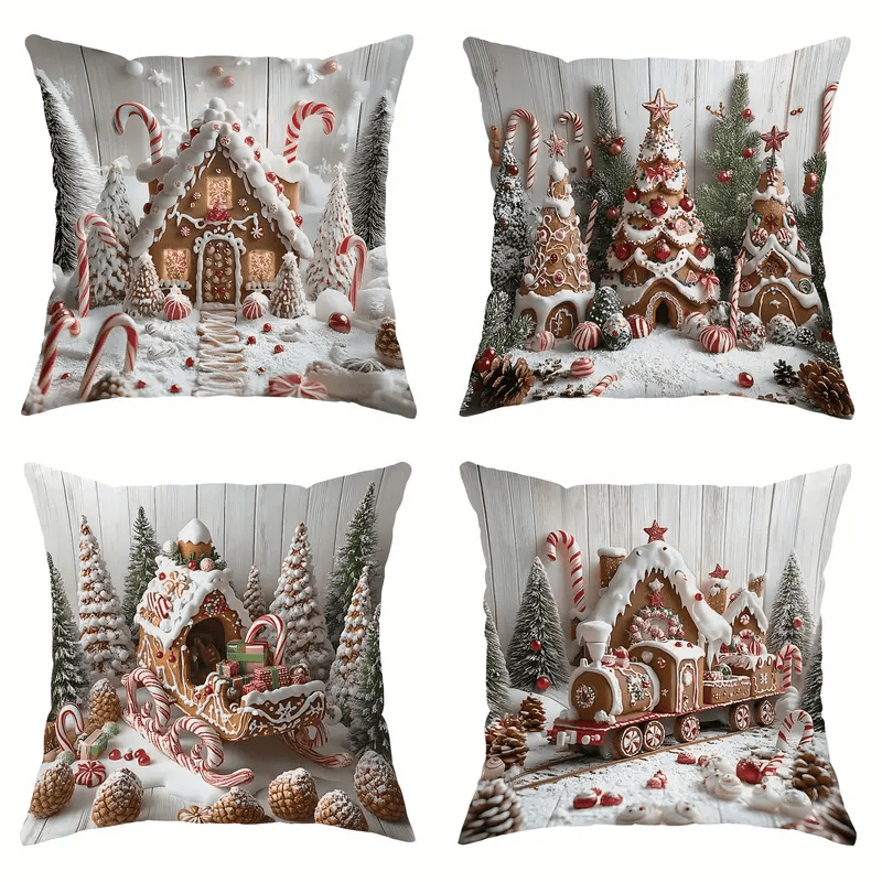 TEMU Christmas Winter Theme Pillow Covers, Gingerbread House, Gingerbread Christmas Tree, Gingerbread Sled, Gingerbread Train Element Print Cushion