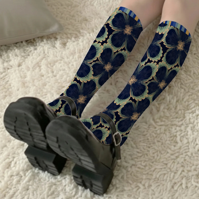 TEMU 1 Pair Of Women's Calf Socks In Dark Blue With Floral Pattern, Vintage Elegant Design, Sexy Thin Style, Versatile For Streetwear, Summer Calf