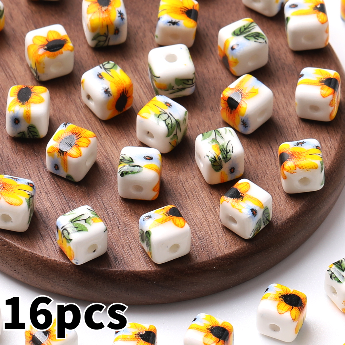 8pcs/16pcs Cube Printed Flowers Glazed Square Ceramic Beads for DIY Jewellery