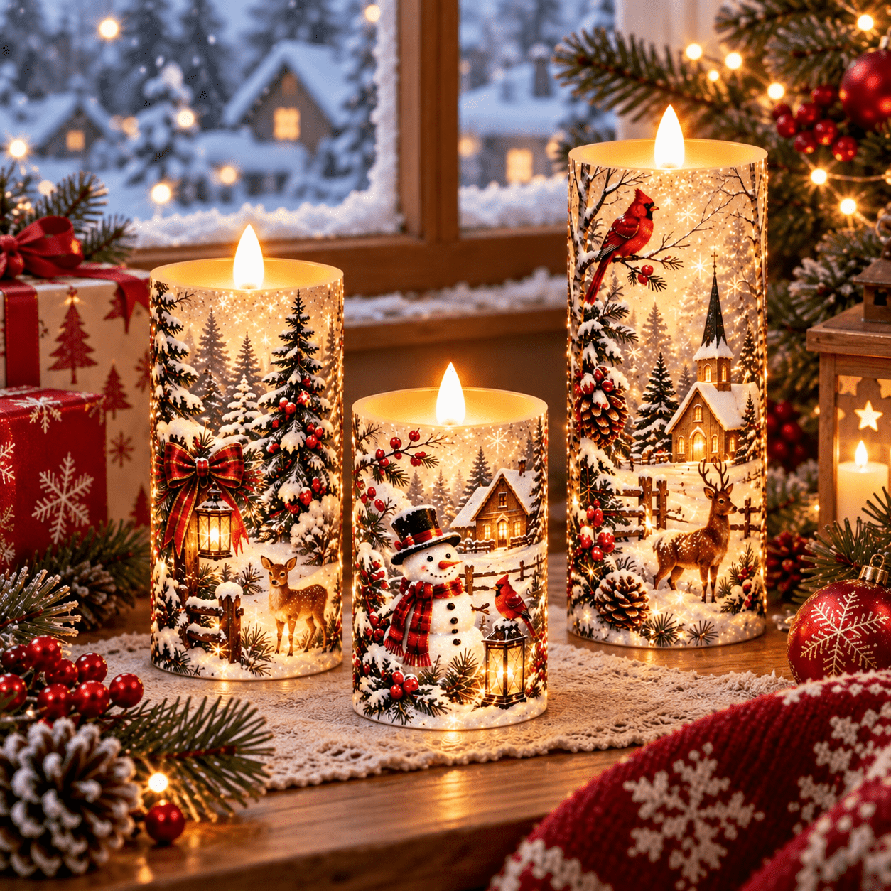 TEMU Flameless Led Candles 3pcs Set Flickering Candle Lights Christmas Snowman Reindeer Decorative Candle Set For Home Decor Table Centerpiece