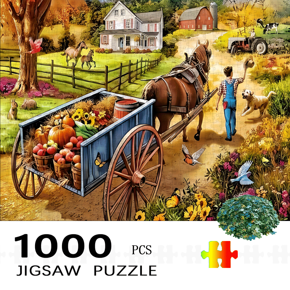 TEMU Farm, Horse Carriage Paper Puzzle 1000pcs Large Jigsaw Toy Adult Game Gift Family Interactive Puzzle Decor
