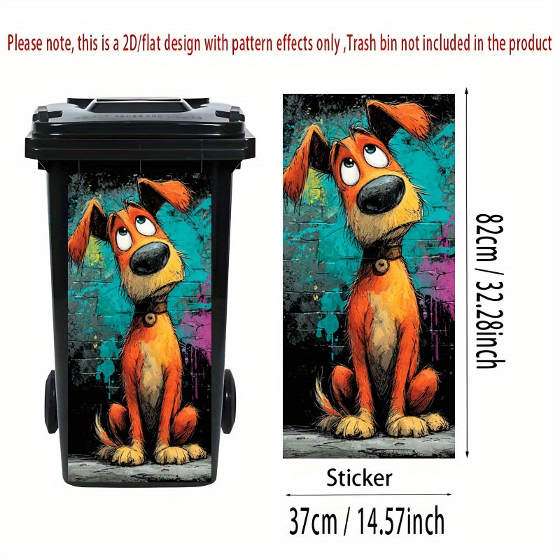 1pc 2d Flat Trash Can Sticker, Cartoon Dog In Design Decal, Creative Bin Decoration For Outdoor Use, Wall And Kitchen Decorative Stickers, 2d Flat