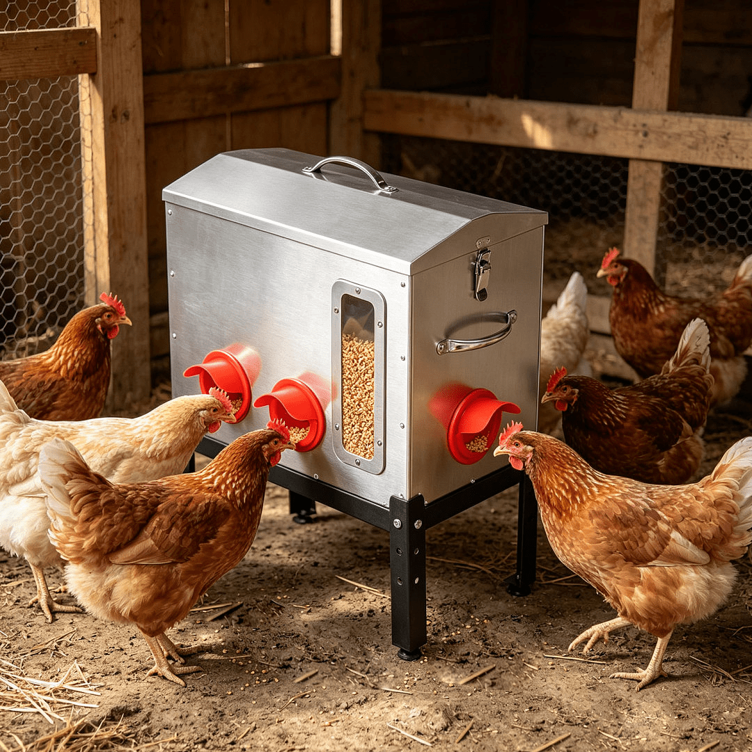 Image of Large Capacity Chicken Feeder 40lb 50lb Galvanized Poultry Feeder With 6 Or 8 Feeding Ports Window Adjustable Stand