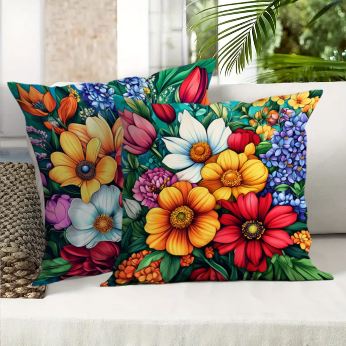 4pcs Set Vibrant Floral Print Outdoor Patio Sofa Cushions - Zippered Design, Machine Washable, Suitable for Summer Leisure and Seaside Decor, Outdoor Sofa Accessories | Vibrant Sofa Accents | Durable Outdoor Fabric