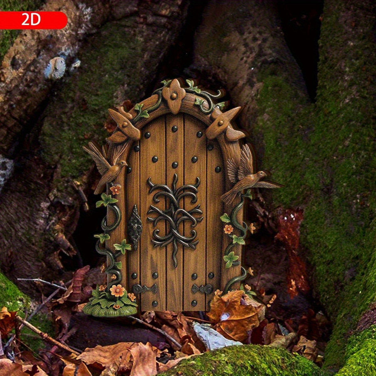 TEMU Miniature 2d Fairy Door - Magical Wooden Tree Ornament, Intricate Leaf And , Rustic Whimsical Garden Decor, Suitable For Indoor/outdoor Use, And
