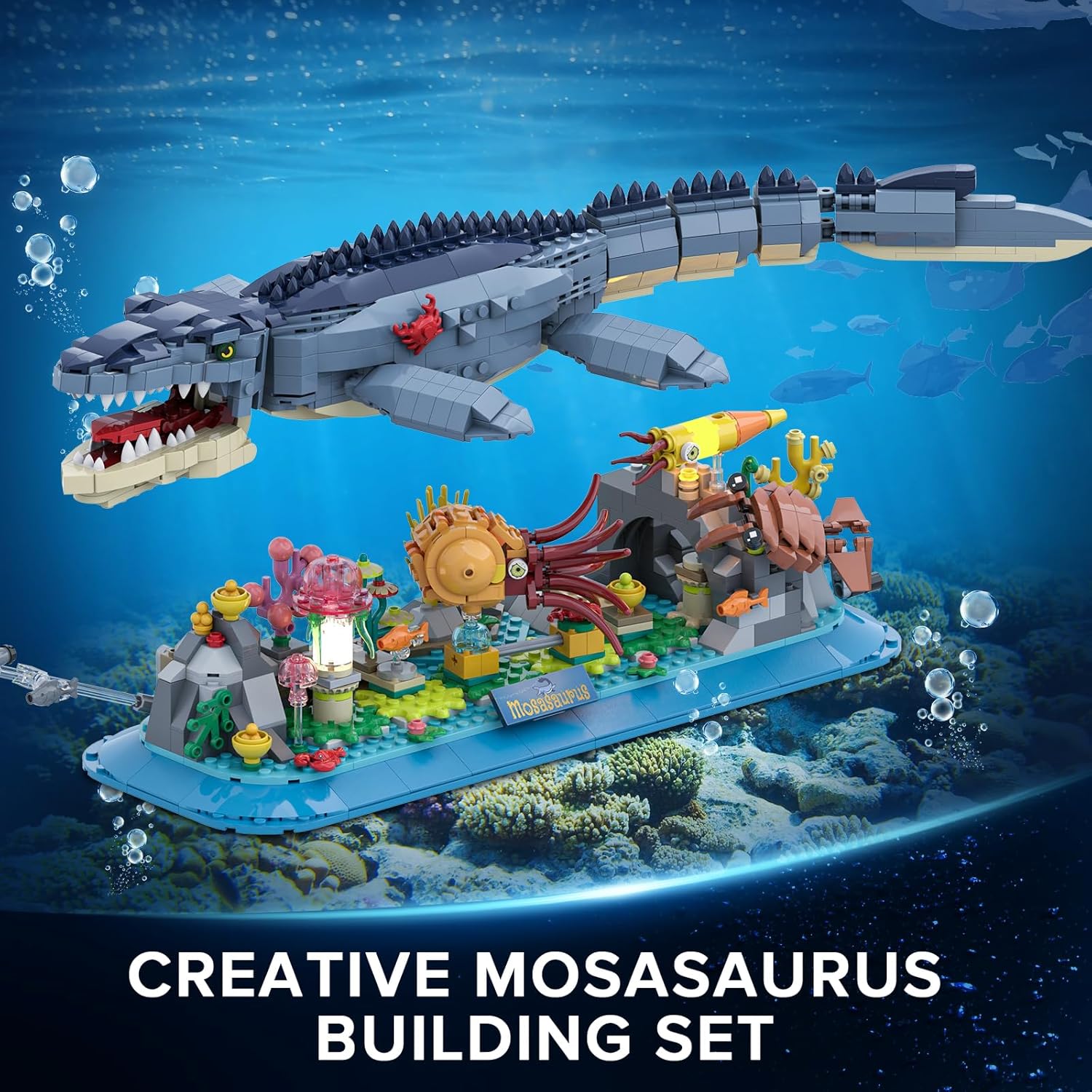 Image of Mosasaurus Building Toy, Movable Animals Building Blocks, Model With Nautiluses, Jellyfish, Coral , Clamping Building Blocks, Home Decor, Gift For Teens, Boys