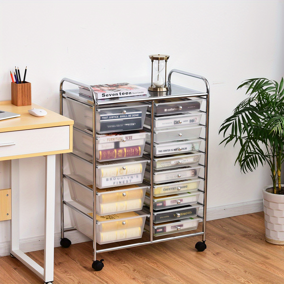   15 drawer rolling storage cart with locking wheels removable drawers heavy duty   clear plastic construction 5 large 10 small drawers multipurpose mobile organizer with top work surface for home   space saving storage cart with brakes durable stable design ideal for crafts books tools organization cart with drawers