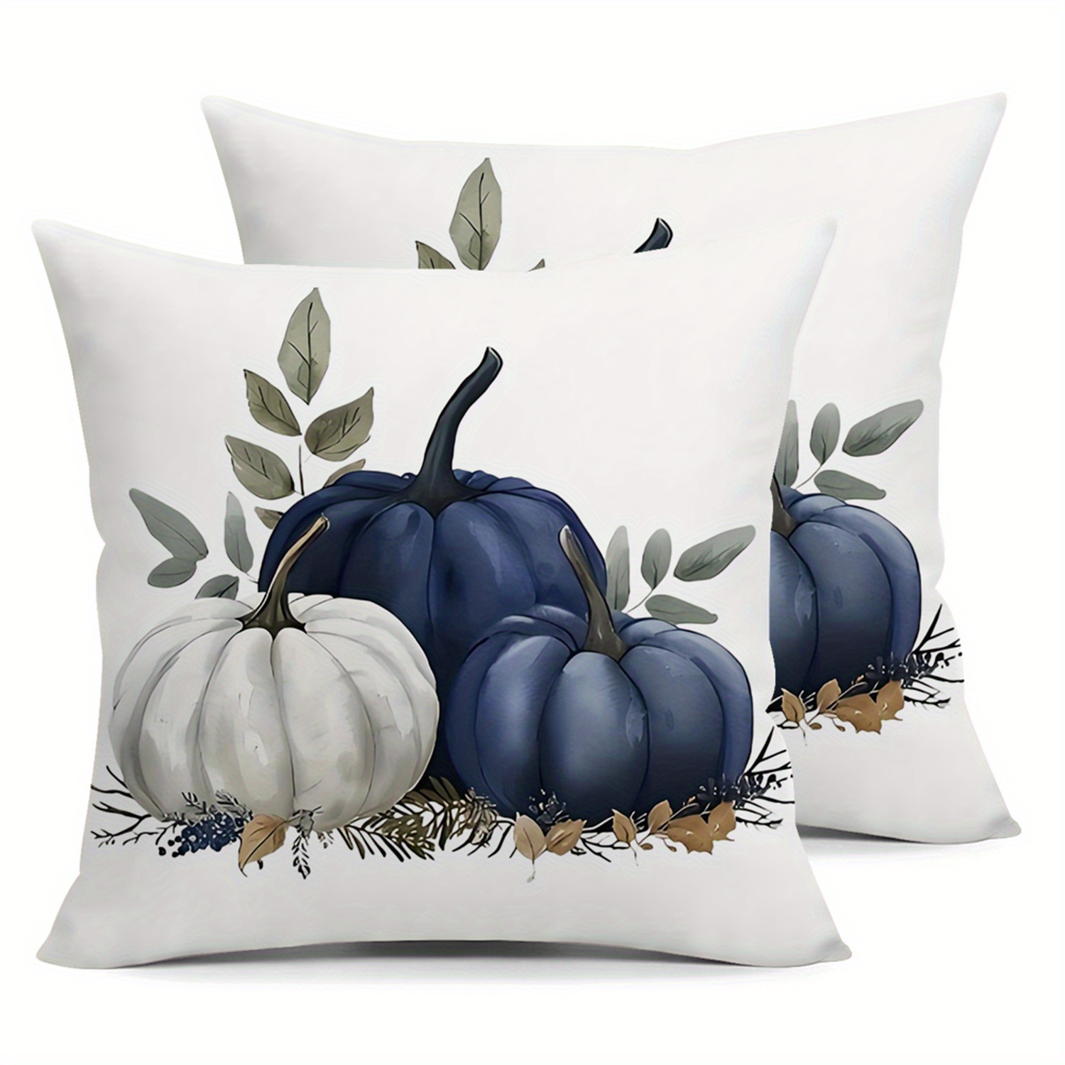 TEMU 2pcs Blue And Throw Pillow Covers Green Branches Leaves Cushion Case Fall Thanksgiving Day Farmhouse Decorations For Sofa Couch Livingroom